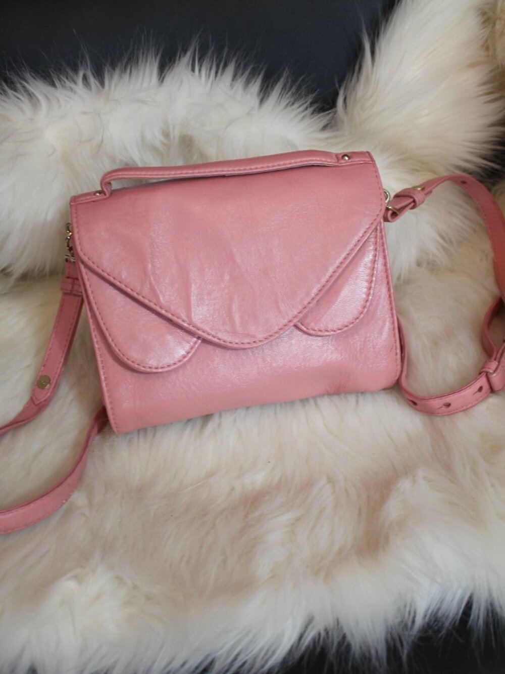 Naf Naf Rose mini lamb leather  Shoulder tote 3 leads  bag 7" x 7" x4"